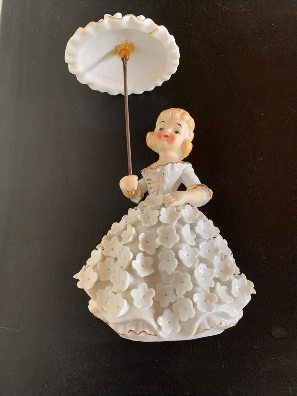 Vintage Porcelain Figurine Girl with Parasol - White and Gold Accents